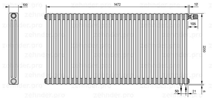 Схема (чертеж) Радиатор Zehnder Charleston 3220/32 №V002 Белый глянцевый RAL 9016